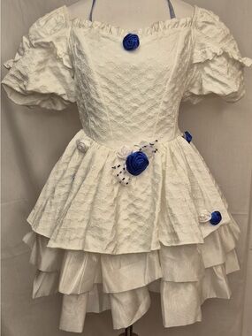 Puji White Ruffled Party Dress with Blue Rose Accents